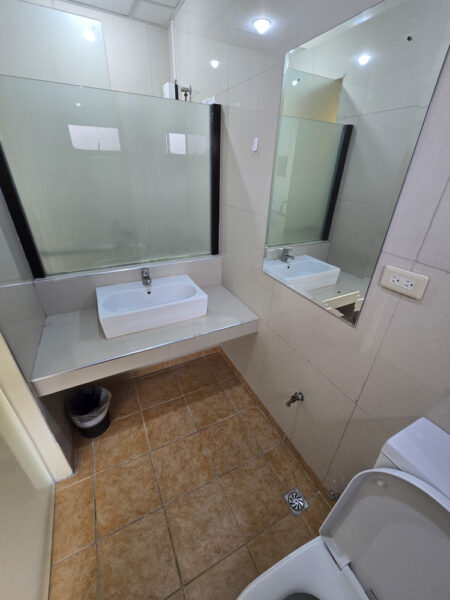 大きな壁掛け鏡と洗面台、ゴミ箱が設置された1人部屋Aのトイレ内の洗面スペース