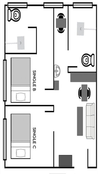 コンドミニアムにある1人部屋ＢとＣ、共用エリア、バスルームの配置を示した間取り図の一例
