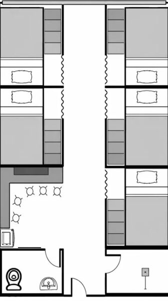 メインビルディングにある5人部屋Soloの間取り図一例