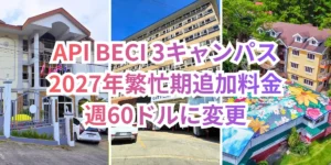 フィリピンのバギオにあるAPI BECI Sparta Campusの白い外壁と赤茶色の屋根の建物、City Campusの多層階の建物、EOP Campusの黄色い外壁と花柄が描かれた屋根の建物を左から並べ、API BECI 3キャンパス、2027年繁忙期追加料金、週60ドルに変更の文字を重ねたお知らせ画像
