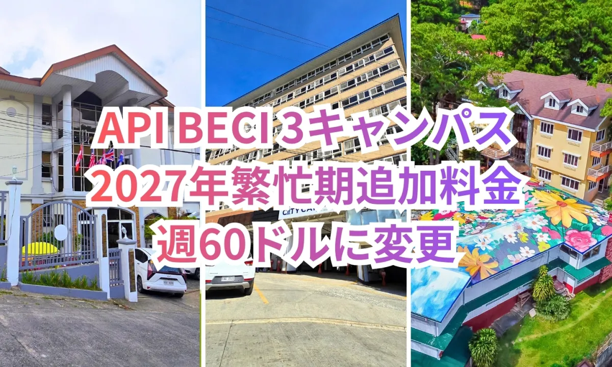 フィリピンのバギオにあるAPI BECI Sparta Campusの白い外壁と赤茶色の屋根の建物、City Campusの多層階の建物、EOP Campusの黄色い外壁と花柄が描かれた屋根の建物を左から並べ、API BECI 3キャンパス、2027年繁忙期追加料金、週60ドルに変更の文字を重ねたお知らせ画像
