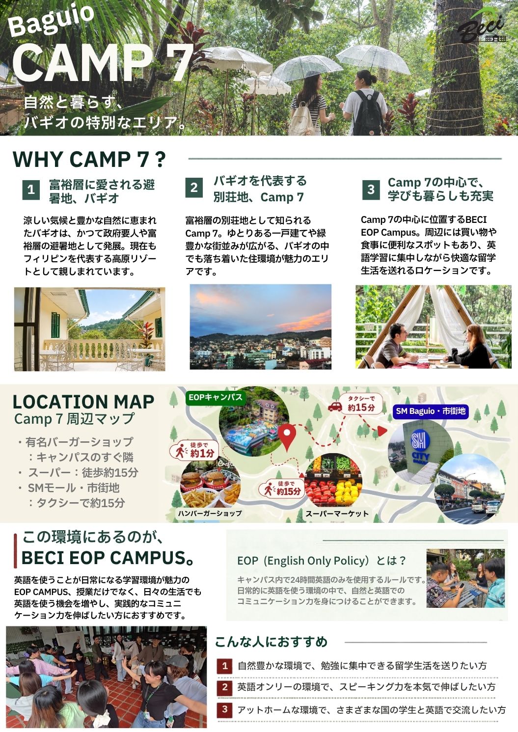 フィリピンのバギオにあるAPI BECI EOPキャンパスの所在地Camp 7について、緑豊かな別荘地の住環境、周辺のハンバーガーショップやスーパーマーケット、SM Baguioへのアクセスを地図と写真で説明し、24時間英語のみを使用するEOPルールや学校の特徴も掲載した案内資料