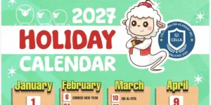 フィリピンのセブ島にあるCELLA English Academyの2027年祝日カレンダーの上部を切り出した画像で、羊のキャラクターとCELLAのロゴ、2027 HOLIDAY CALENDARの文字、1月から4月の祝日欄の一部が掲載された画像