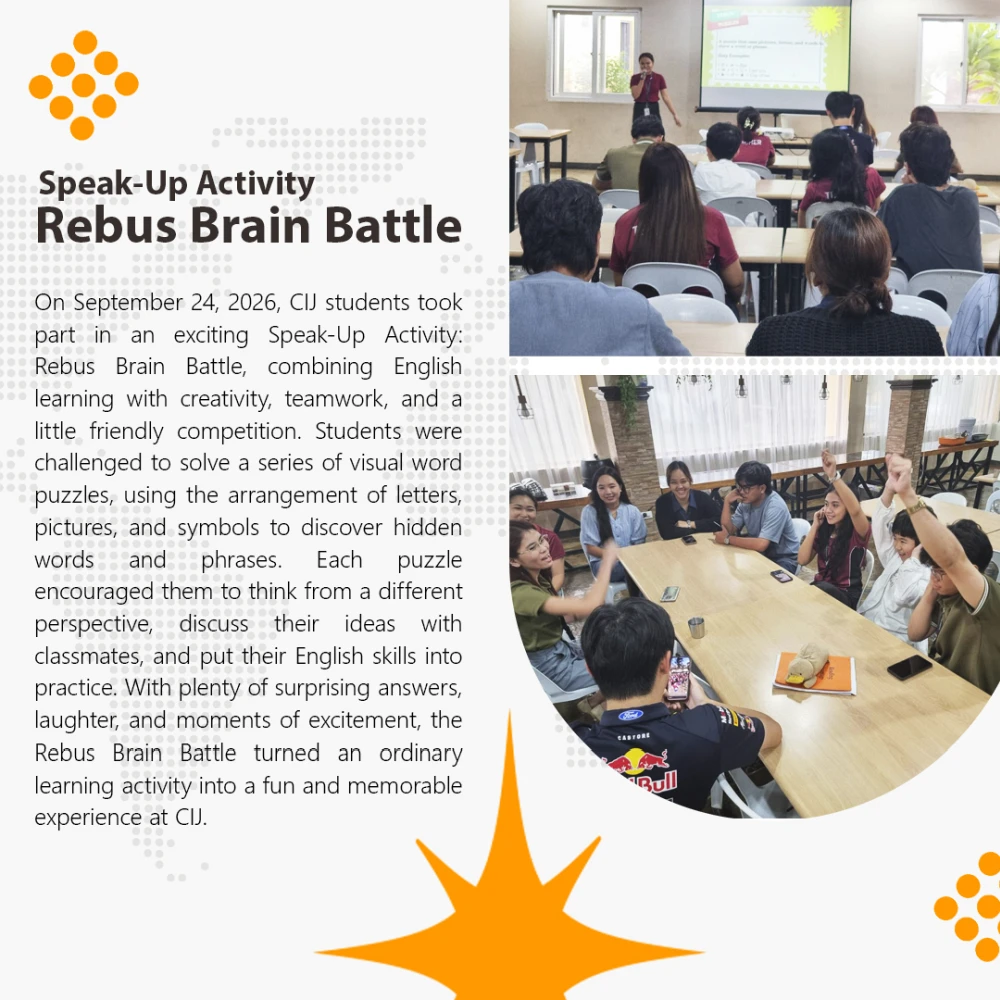 CIJ Academy & Schoolで2026年9月24日に行われたSpeak-Up Activity「Rebus Brain Battle」で、講師と学生が視覚パズルに取り組む様子