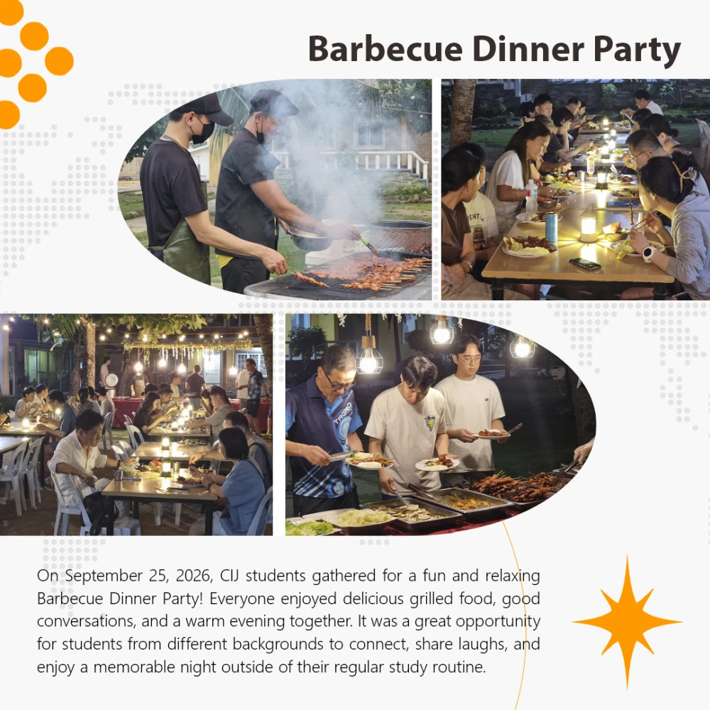 CIJ Academy & Schoolで2026年9月25日に行われたBarbecue Dinner Partyで、屋外でバーベキュー料理を囲む学生たち