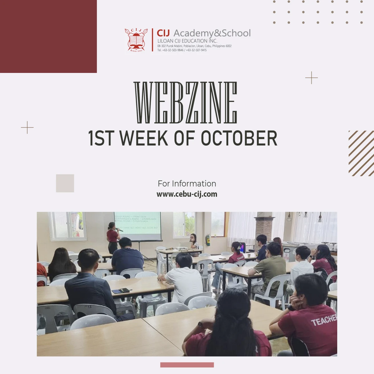 フィリピンのセブ島・リロアンにあるCIJ Academy & Schoolの2026年10月第1週Webzineの表紙で、教室で講師の説明を聞く学生と講師たち