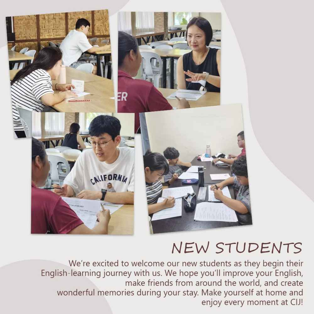 フィリピンのセブ島・リロアンにあるCIJ Academy & Schoolの新入生を紹介した画像で、学校スタッフと個別に話す学生や、机に向かって書類を記入・確認する学生たちの様子を掲載した4枚の写真