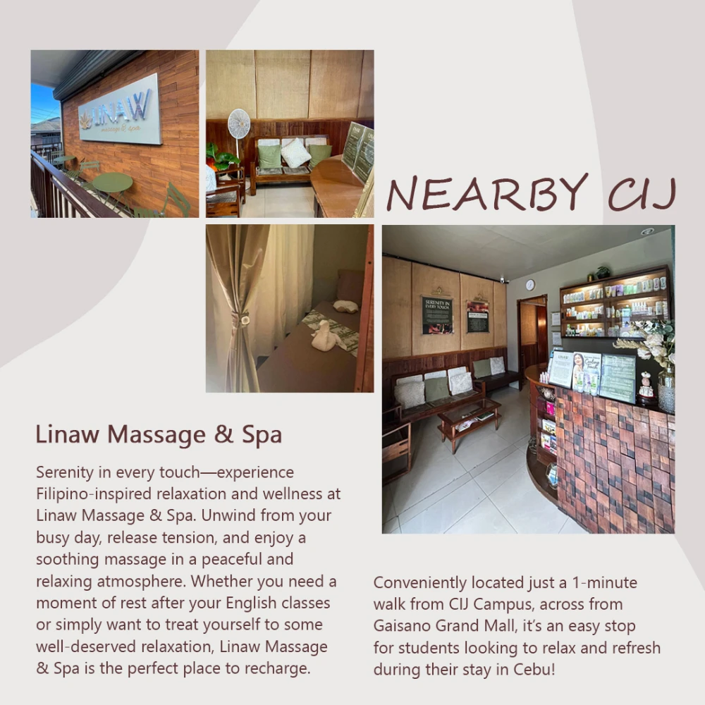 フィリピンのセブ島・リロアンにあるCIJ Academy & Schoolから徒歩約1分のLinaw Massage & Spaを紹介した画像で、店舗の看板と外観、木製の椅子が並ぶ待合スペース、商品棚のある受付、カーテンで仕切られたマッサージベッドの写真