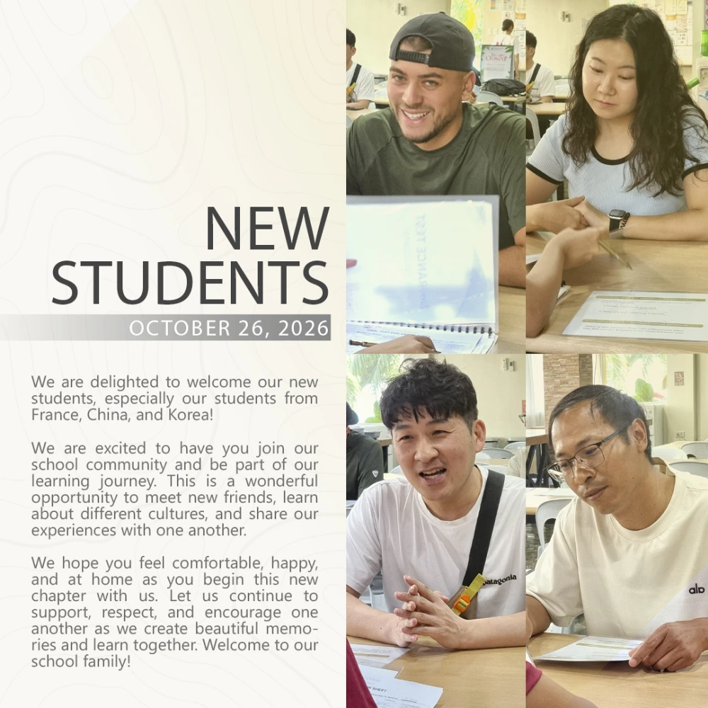 フィリピンのセブ島・リロアンにあるCIJ Academy & Schoolで2026年10月26日に入学したフランス、中国、韓国などからの新入生を紹介した画像で、学校スタッフと話したり、入学時の書類を確認したりしている4人の学生の写真