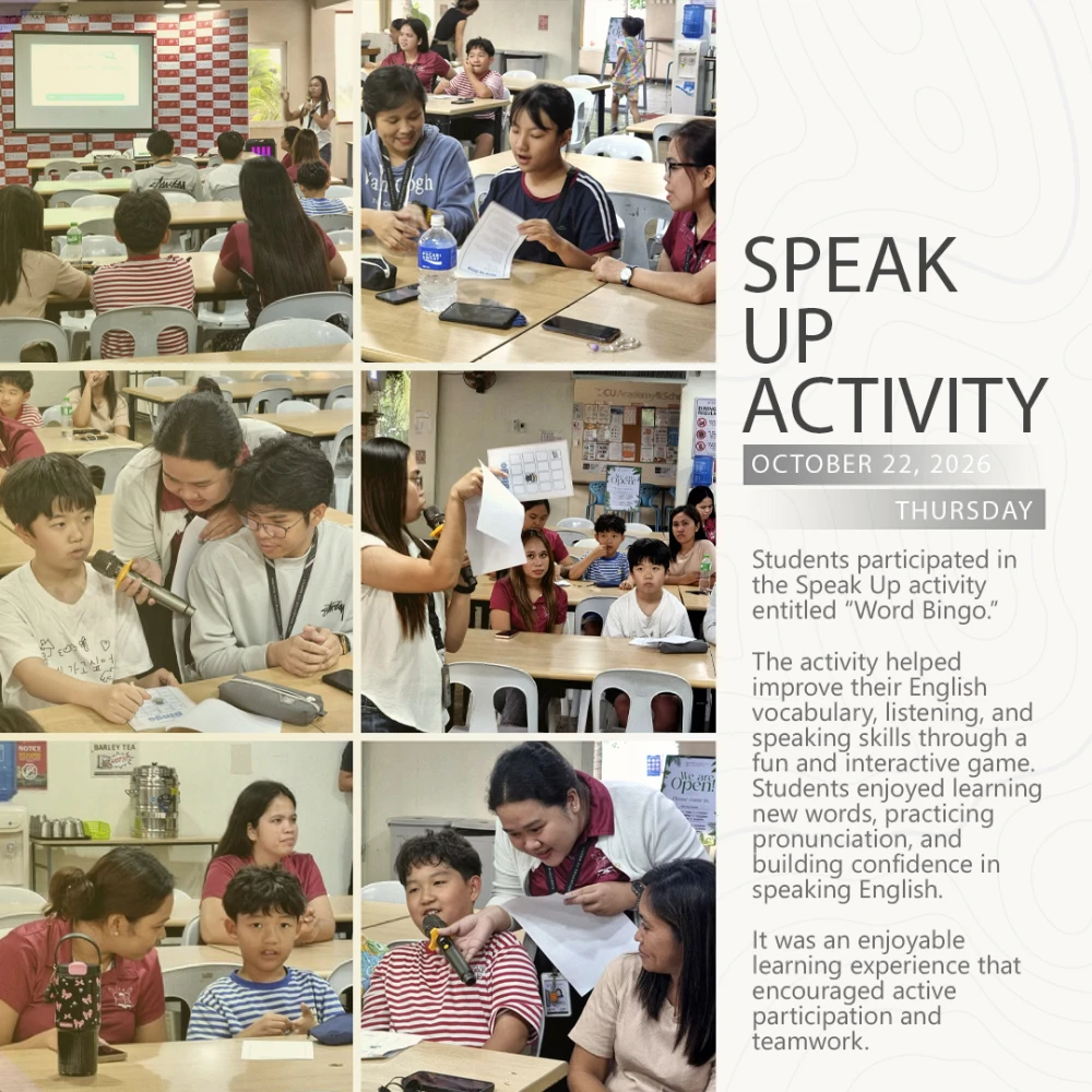 CIJ Academy & Schoolで2026年10月22日に開催されたSpeak Up Activityの様子で、学生と講師が一緒にWord Bingoという英語ゲームに参加し、マイクを使って発言したり、英単語の書かれた用紙を確認したりしながら語彙や発音を練習している6枚の写真