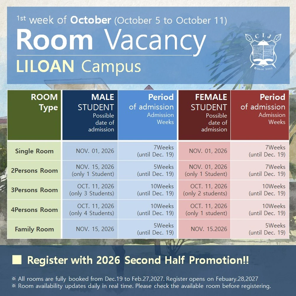 フィリピンのセブ島・リロアンにあるCIJ Academy & School校内寮の2026年10月5日~11日の空室状況で、シングル、2人部屋、3人部屋、4人部屋、ファミリールームの男女別入寮可能日と滞在可能週数を掲載した一覧表