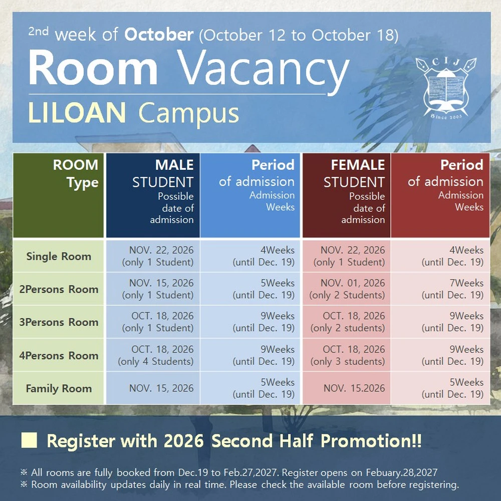 フィリピンのセブ島・リロアンにあるCIJ Academy & Schoolの校内寮Liloan Campusの2026年10月12日以降の空室状況で、シングル、2人部屋、3人部屋、4人部屋、ファミリールームの男女別入寮可能日、空き人数、滞在可能週数を掲載した一覧表