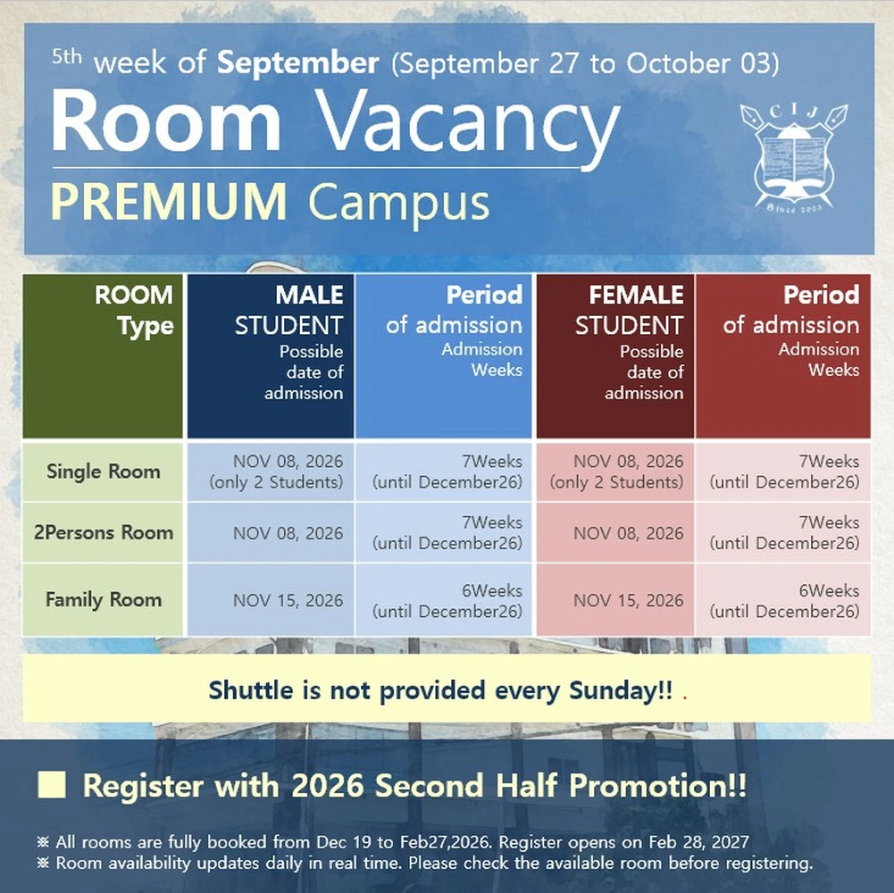 CIJ外部寮Premium Dormitoryの2026年10月第1週における男女別と部屋タイプ別の空室状況