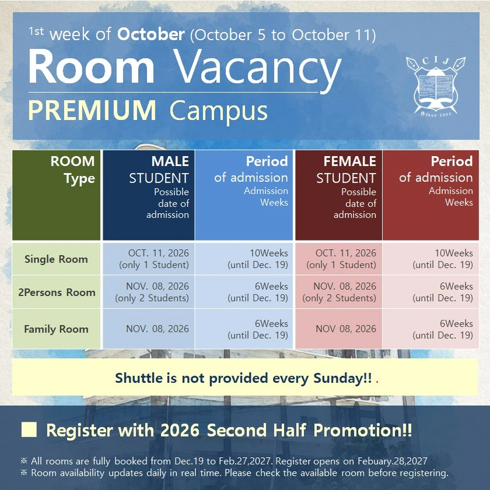 フィリピンのセブ島・リロアンにあるCIJ Academy & Schoolの外部寮Premium Dormitoryの2026年10月5日~11日の空室状況で、シングル、2人部屋、ファミリールームの男女別入寮可能日と滞在可能週数、日曜日のシャトル送迎がないことを掲載した一覧表