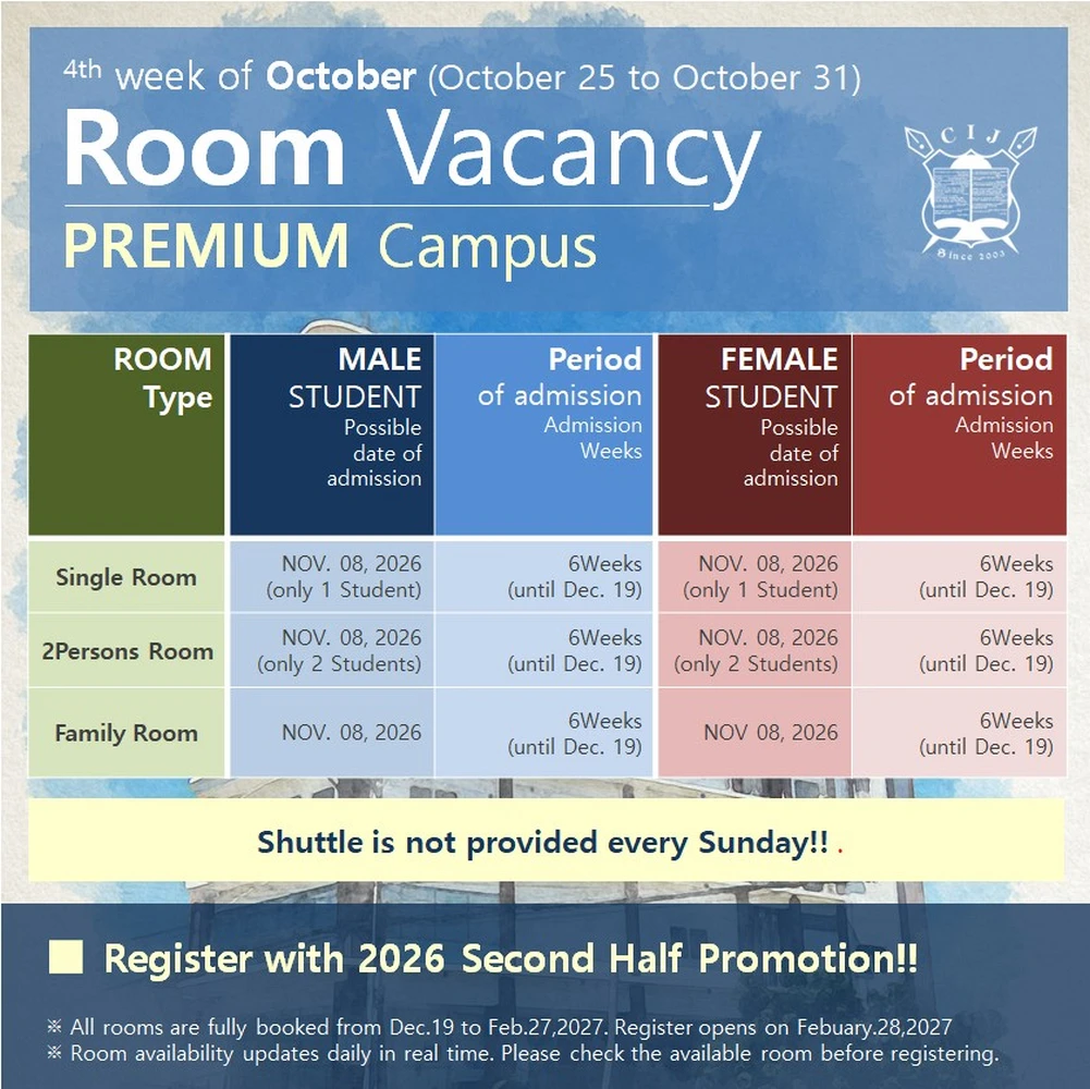 フィリピンのセブ島・リロアンにあるCIJ Academy & Schoolの外部寮Premium Dormitoryの2026年10月25日以降の空室状況で、シングル、2人部屋、ファミリールームの男女別入寮可能日、空き人数、滞在可能週数、2026年12月19日~2027年2月27日の満室期間と日曜日のシャトル送迎がないことを掲載した一覧表