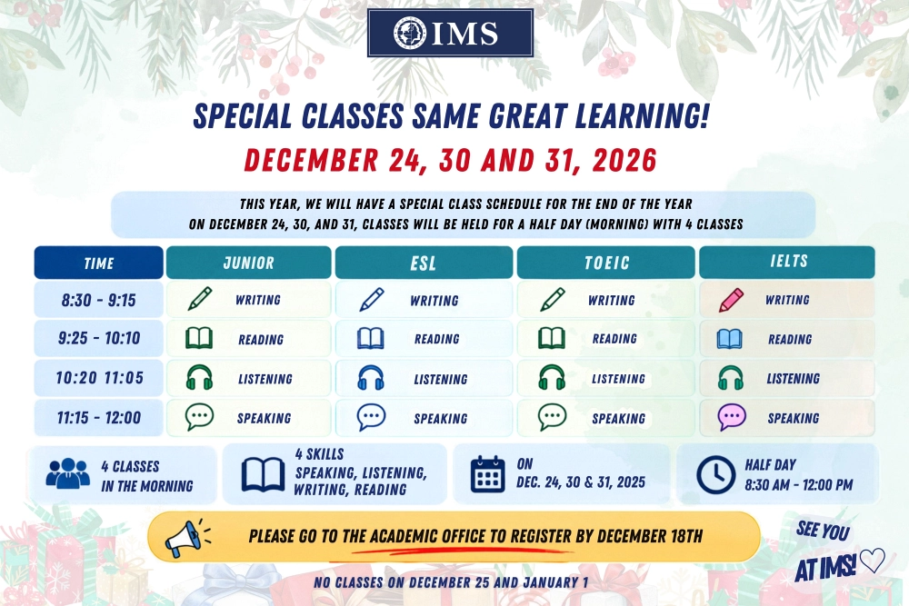フィリピンのセブ島にあるIMS Academyが2026年12月24日、30日、31日に実施するJunior、ESL、TOEIC、IELTS対象の午前スペシャルグループクラスの時間割
