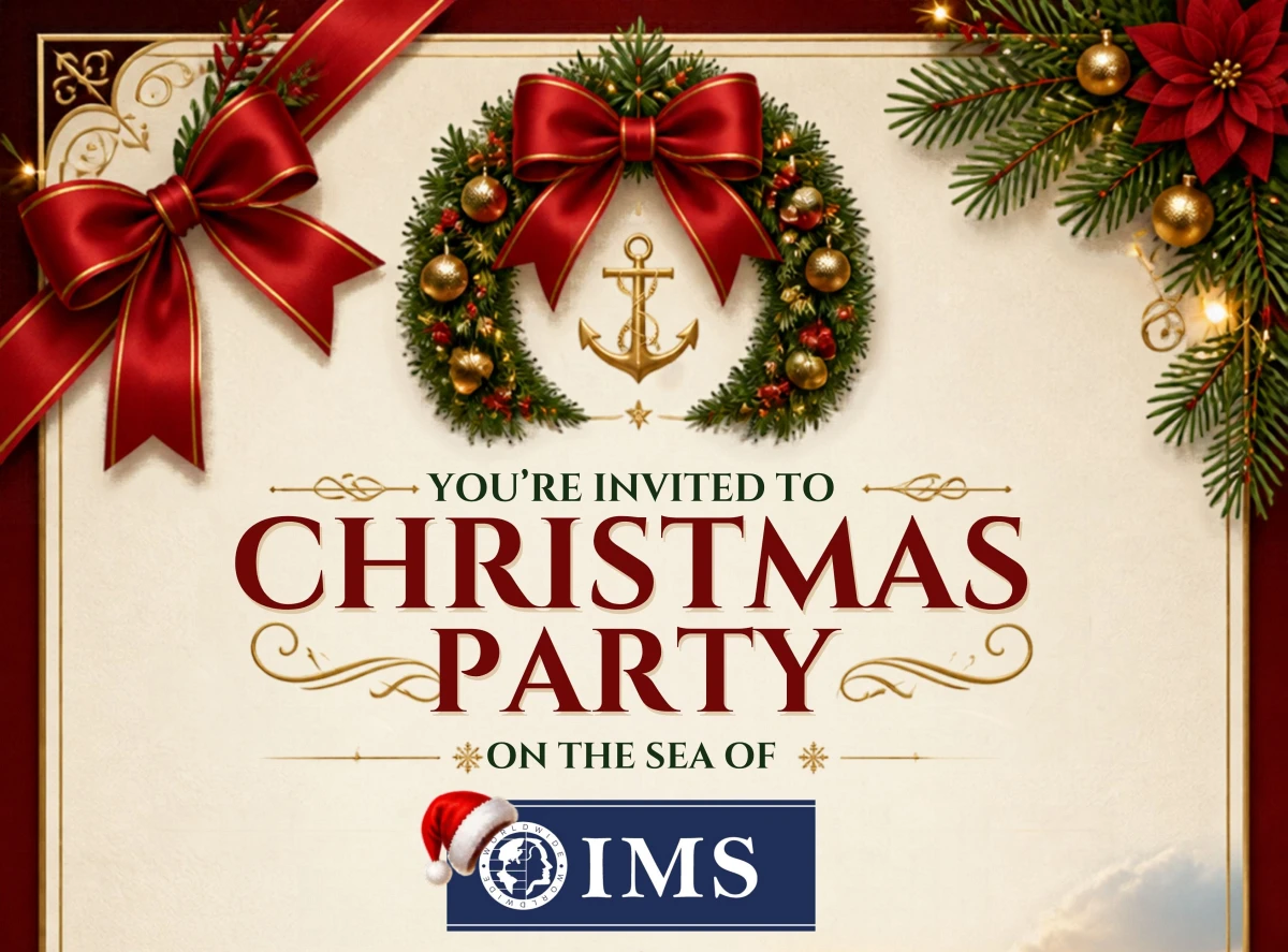 フィリピンのセブ島にあるIMS Academyの2026年クリスマスパーティー案内で、赤いリボンやクリスマスリースに囲まれたCHRISTMAS PARTYの文字とIMSロゴを掲載